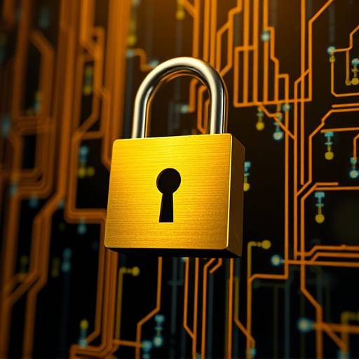 A golden lock superimposed on a digital network background, symbolizing data security.