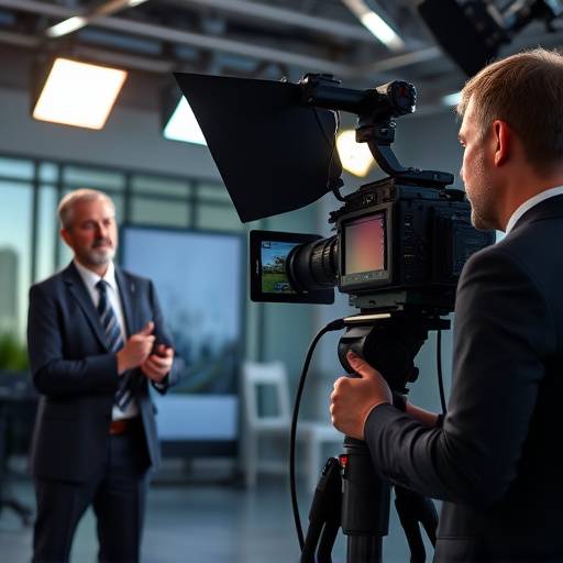 Camera filming a business professional for a corporate video.