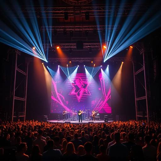 Camera recording a live music event on stage with dynamic lighting and a large crowd.