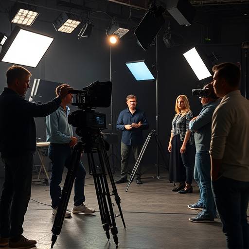 Film crew setting up lights and camera for a commercial shoot with actors and a director on set.