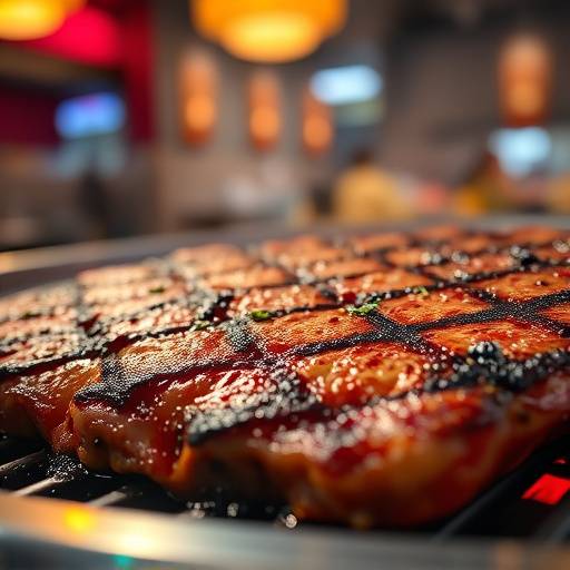 Image from a commercial for 'Sunset Grill' restaurant, featuring a close-up of a sizzling steak.