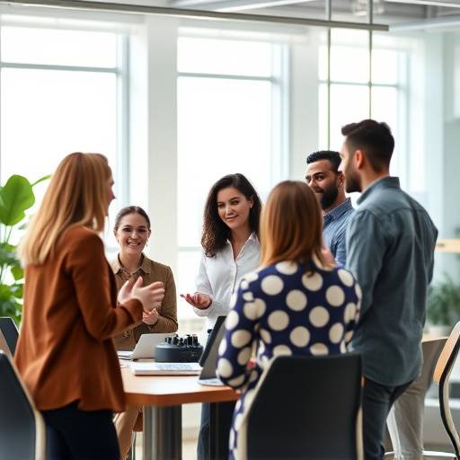 Image from a corporate training video for 'GlobalTech Solutions', showing a diverse team collaborating in a modern office.
