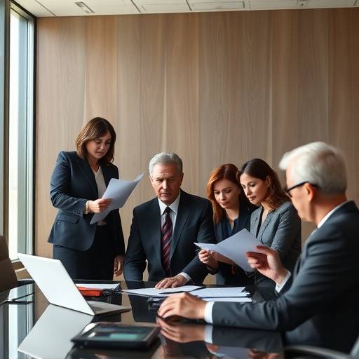 Image of a legal team in a conference room reviewing documents