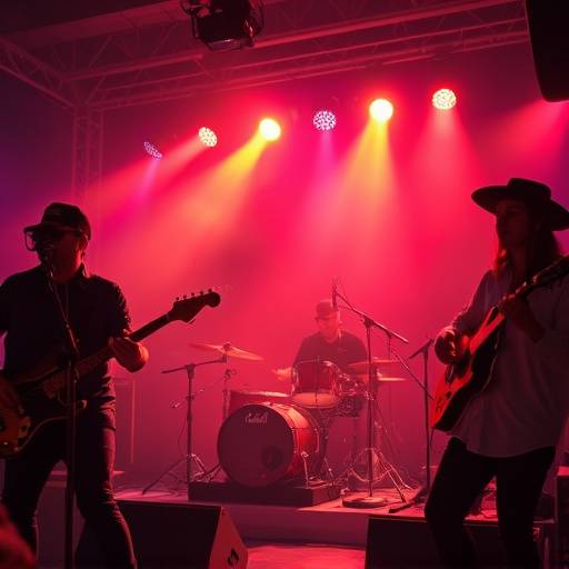 Scene from a music video featuring a band playing live.