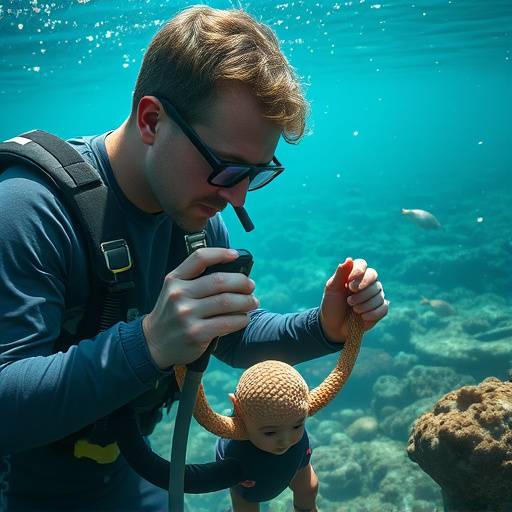 Scene from the documentary 'Guardians of the Coast', showing a marine biologist studying sea life.