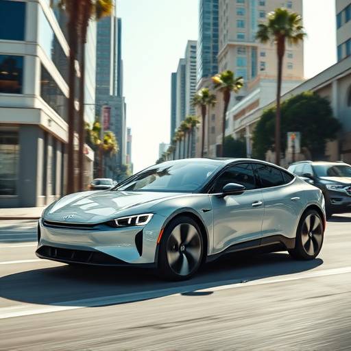 Screenshot from a commercial for 'Zenith Motors' electric cars, showing a sleek vehicle driving through downtown Los Angeles.