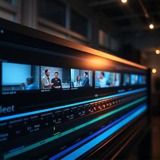 Video editing software timeline with multiple video and audio tracks, color correction tools, and visual effects panels.